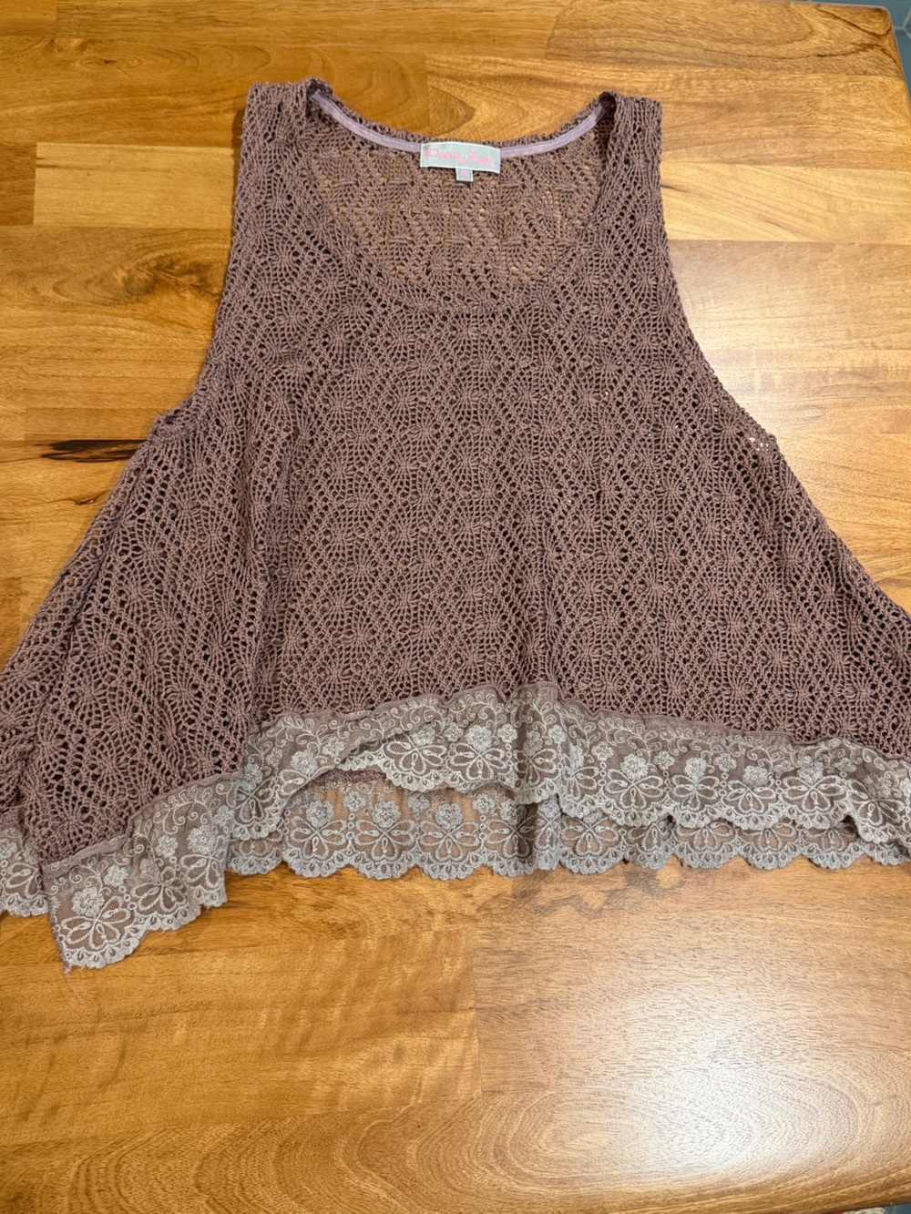 Pretty Angel Mauve Linen Blend Crochet Knit Tank with Lace Hem Size XL *EUC*